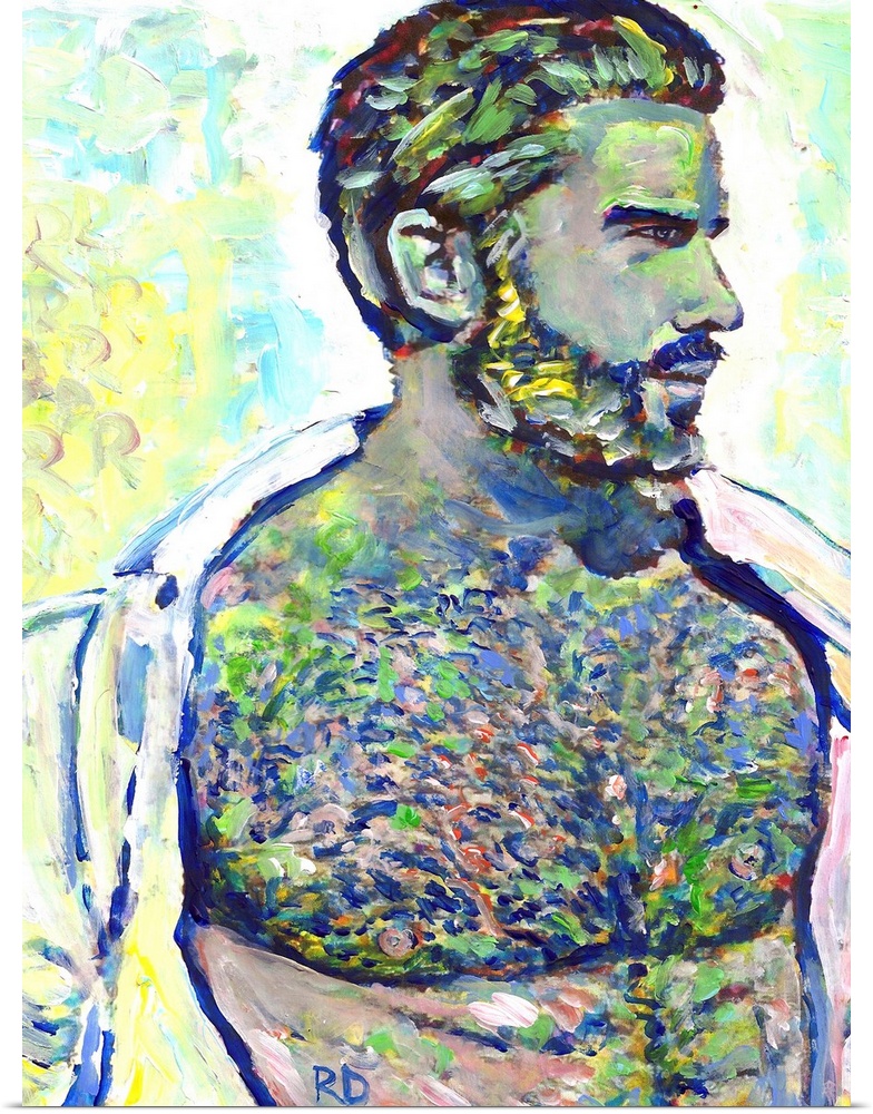 Platinum Man sexy male nude portrait by RD Riccoboni in greens, grey, silver and blue.