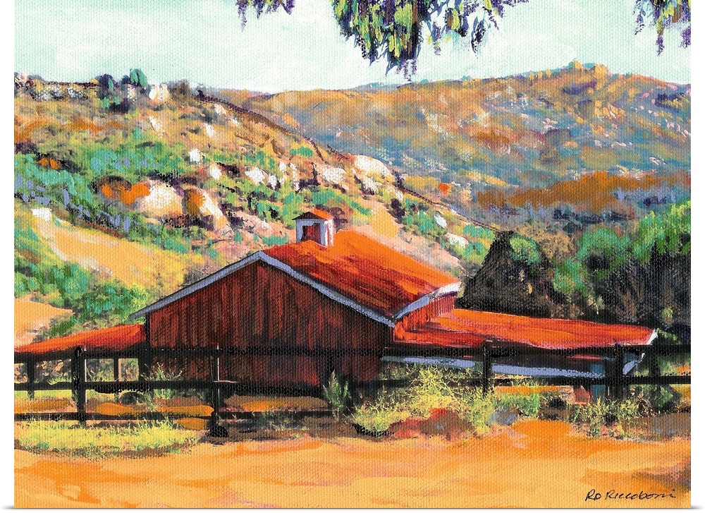 Painting of a red barn at a ranch in San Diego with rolling hills in the background.