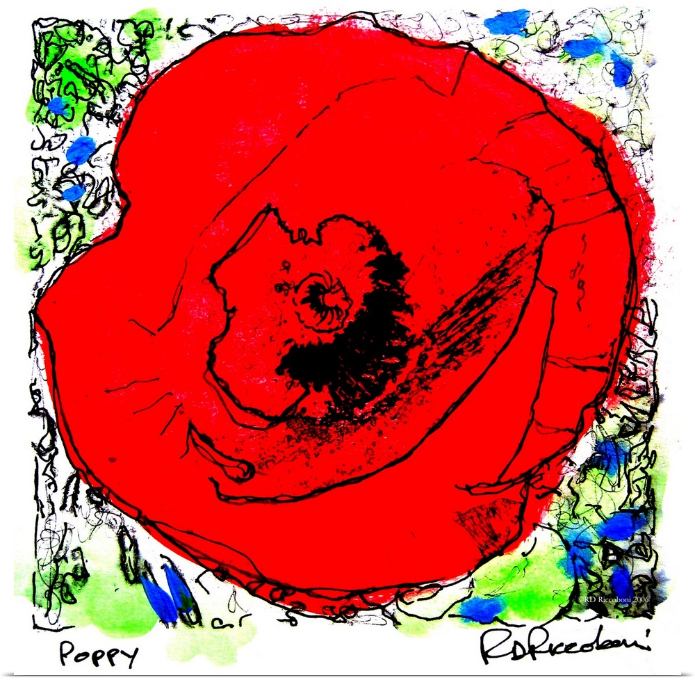 Red Poppy By RD Riccoboni.  Modern Pop Art Style Flower painting of Red Poppy By California artist RD Riccoboni.