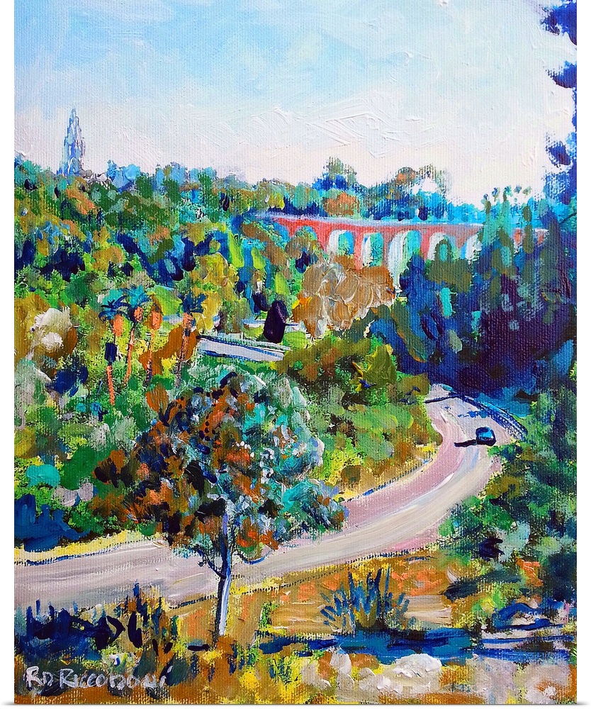 Redwood Street Balboa Park, San Diego, California, painting by RD Riccoboni. Cabrillo canyon with the Cabrillo Bridge and ...