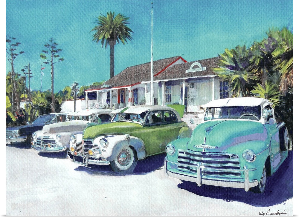 Contemporary painting of vintage cars parked outside in Old Town San Diego, California.
