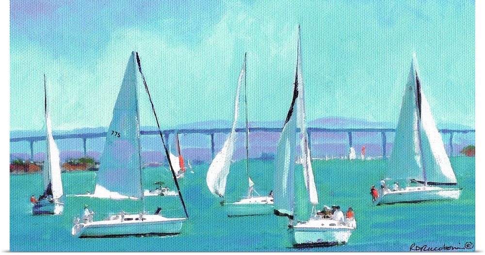 Contemporary painting of boats sailing by the Coronado Bridge in San Diego Bay.