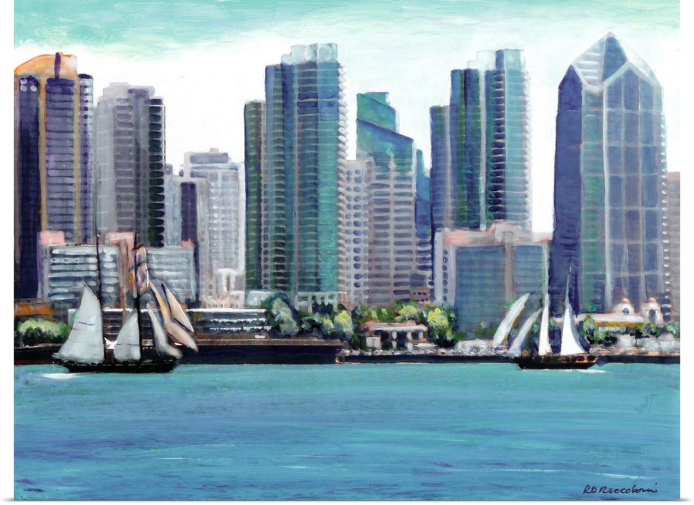 Contemporary painting of boats sailing in the San Diego Bay with the new skyline contrasting the old sailing ships based t...