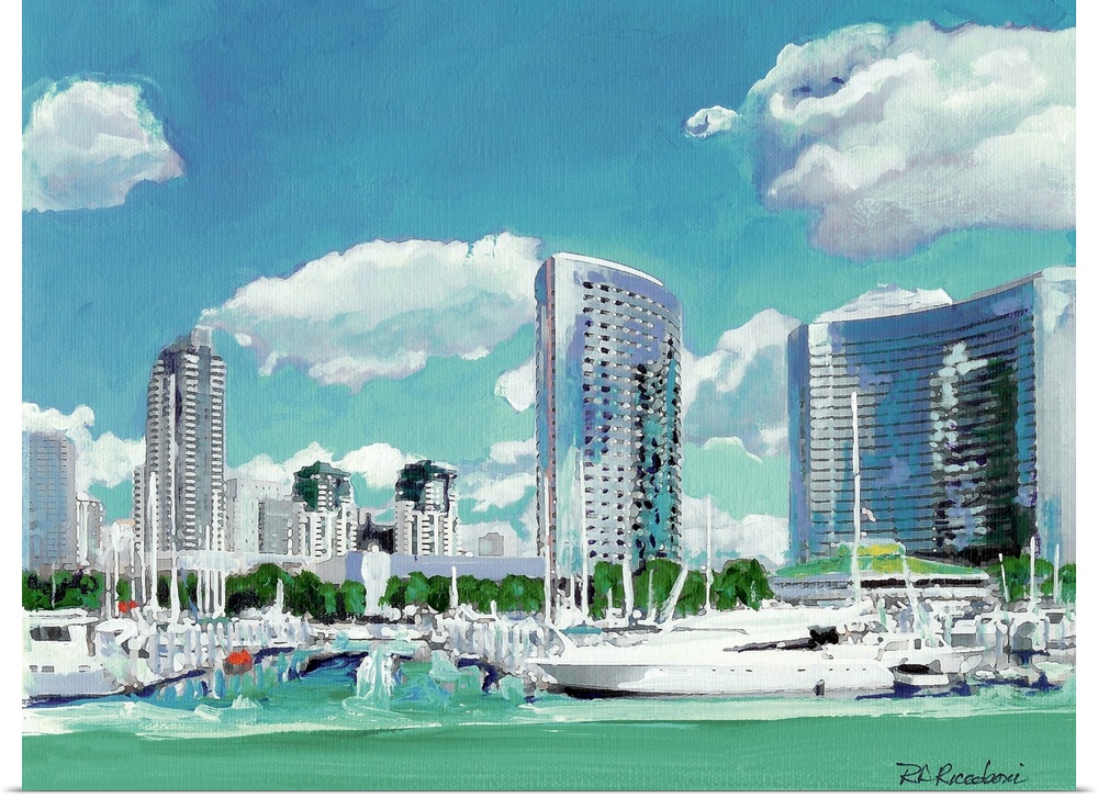 Painted view of part of the San Diego skyline with boats anchored in the marina in the foreground. This view is from the E...
