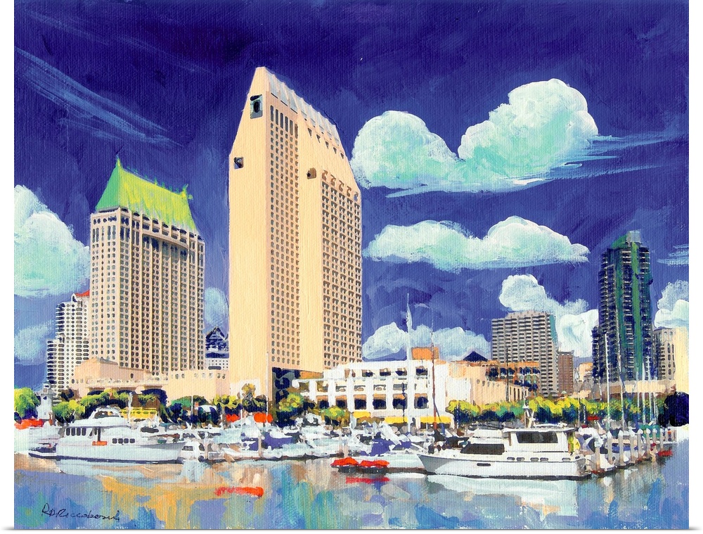 Contemporary painting of the downtown San Diego waterfront with boats in the marina and buildings in the background.