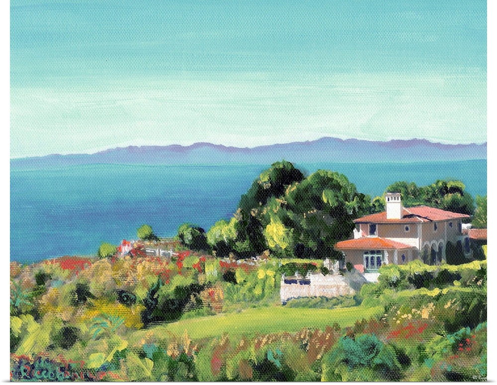 Santa Monica Bay from Palos Verdes, California, painting by RD Riccoboni. Coastal landscape painting with the Pacific Ocea...