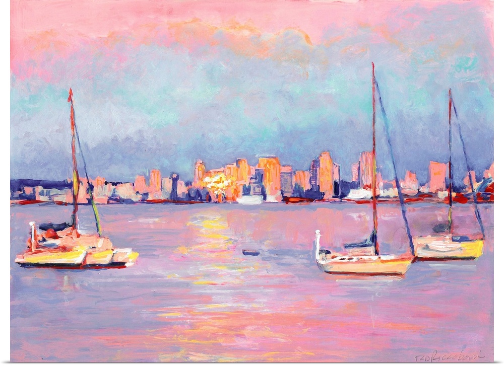 Sunrise from Shelter Island, San Diego Bay, acrylic painting by RD Riccoboni. Warm pink, orange and cool blue tones agains...