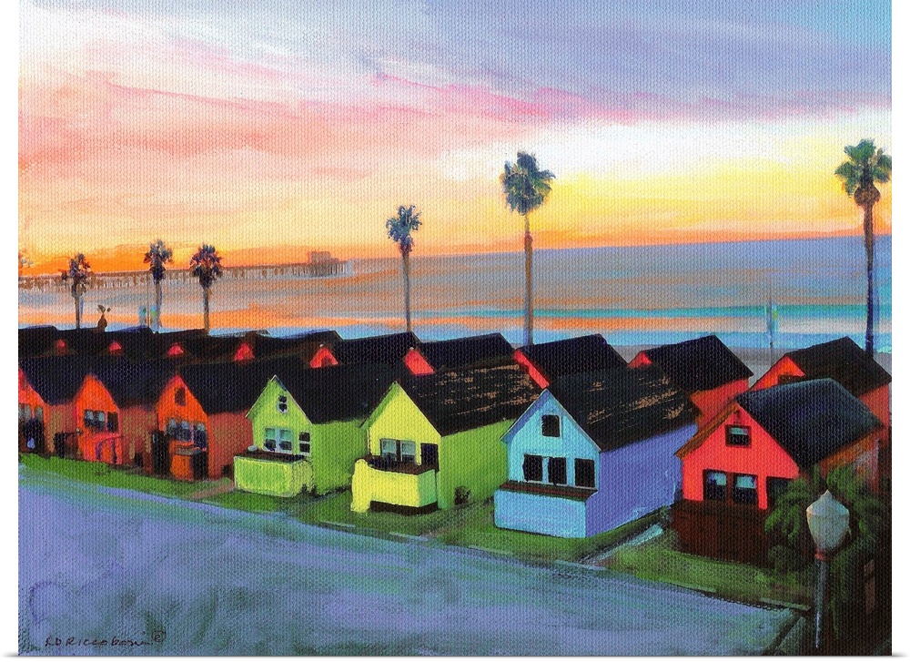 Painting of the sunrise over Oceanside California with Roberts multicolored Cottages and Oceanside Pier in the background.