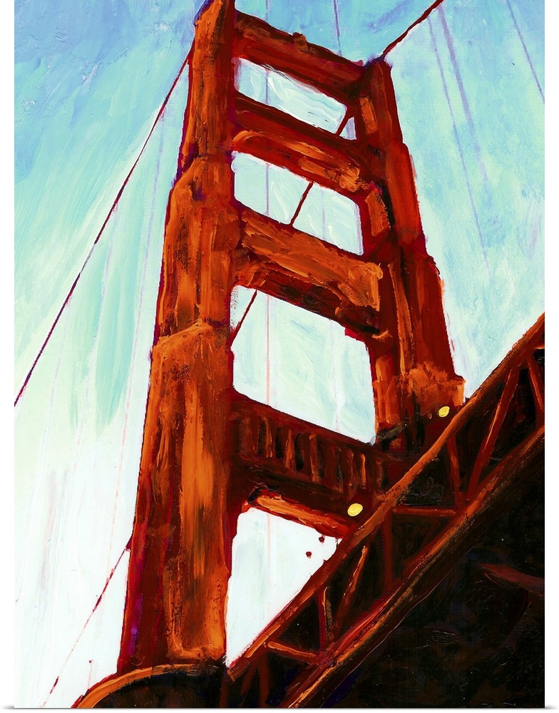 Painting of the Golden Gate Bridge architecture up close from a unique angle.