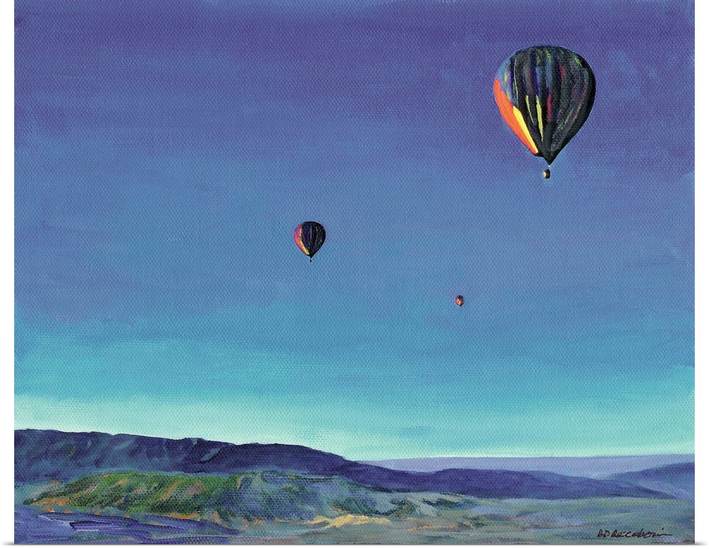 Contemporary painting of three hot air balloons over a rural San Diego landscape.