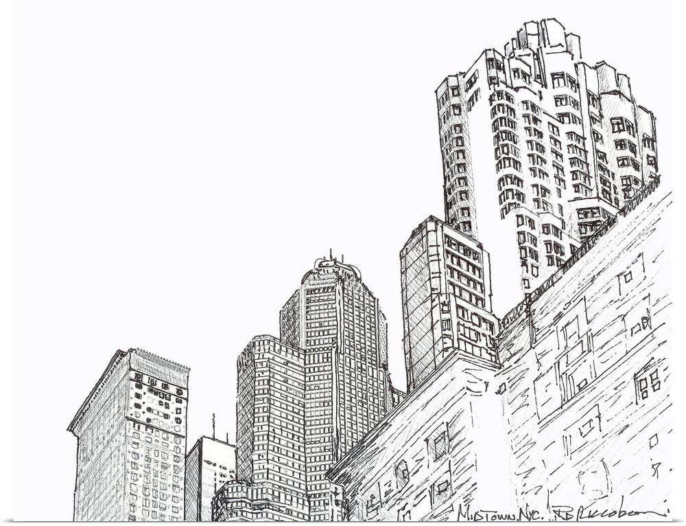 Three Towers Midtown Manhattan, pen and ink drawing by RD Riccoboni. Skyscaper lined avenue in New York City.