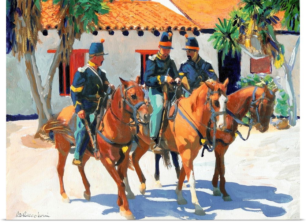 Contemporary painting of three U.S. Army Dragoons riding on their horses in San Diego, California.