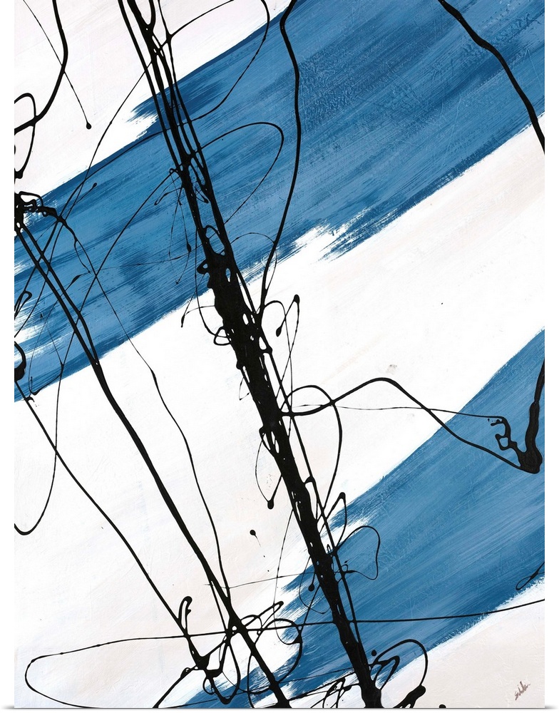 Contemporary abstract painting of wide brush stokes of color overlain with scribbles of ink.