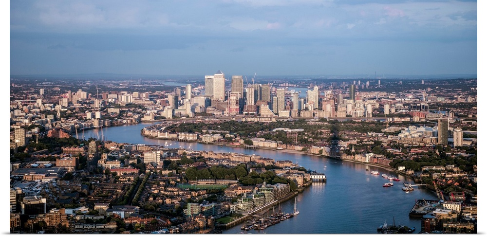 Aerial view of Canary Wharf and River Thames in London, England.