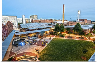 Aerial view of the American Tobacco Historic District campus at night, Durham, NC