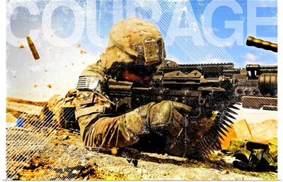 Air Force Grunge Poster: Courage. U.S. Air Force soldier fires the Mk48 gun