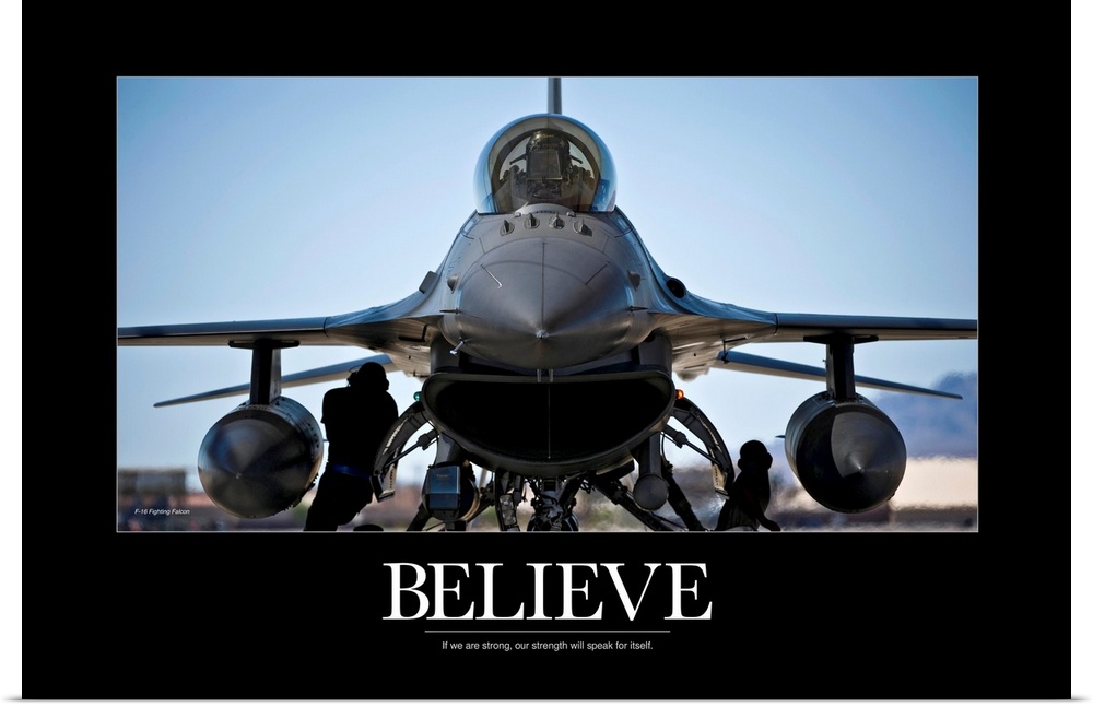 This picture was taken looking straight on at a military aircraft and it has a black border around it with the word "Belie...
