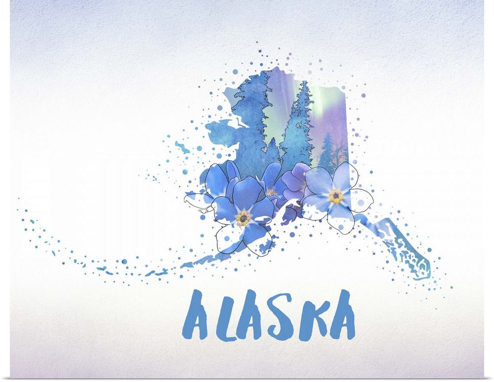 Outline of the state of Alaska filled with its state flower, the Forget-Me-Not.