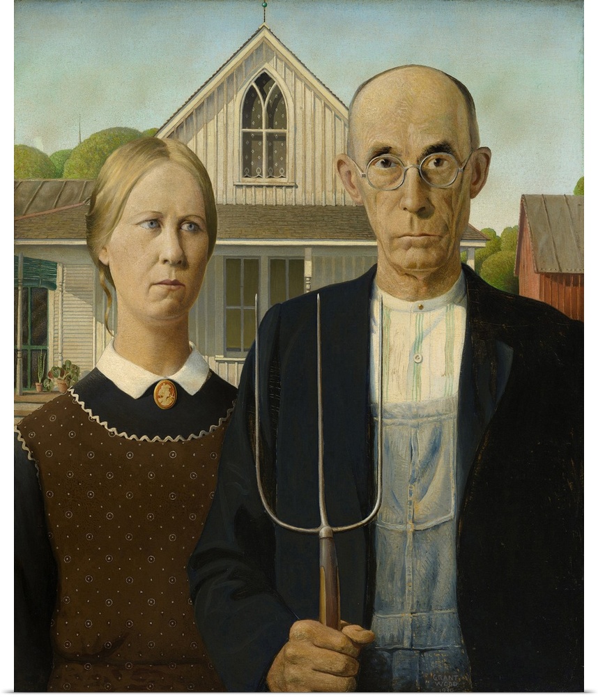 American Gothic, 1930 (originally oil on beaver board) by Wood, Grant (1891-1942).