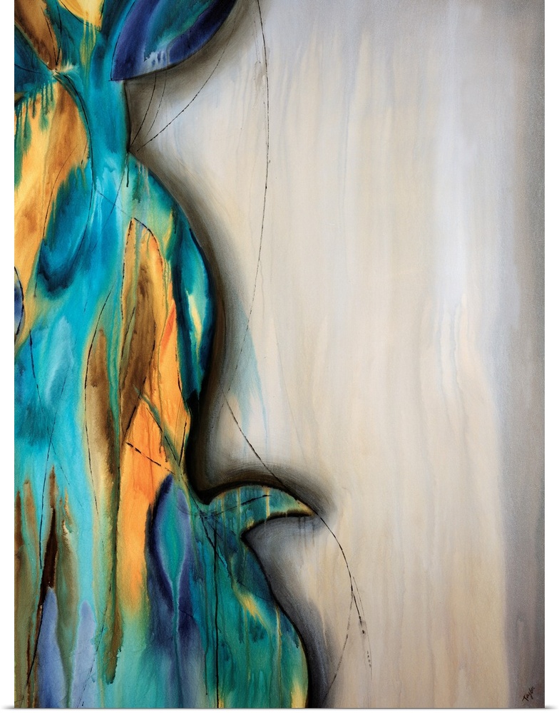 Vertical abstract artwork created by a contemporary artist. Two different color palettes and textures compete for the cent...