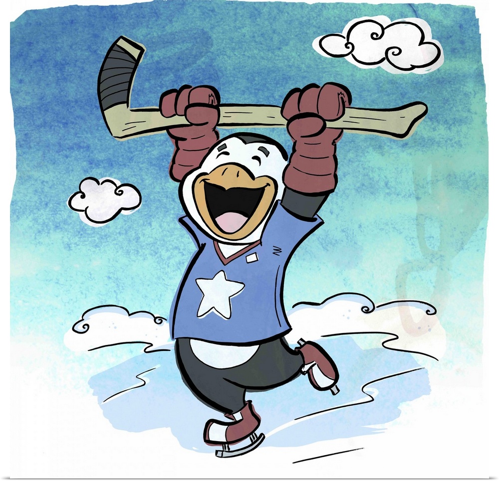 Fun cartoon artwork of a penguin cheering while playing hockey.
