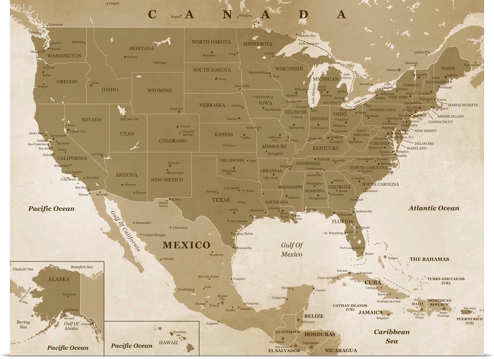 Sepia toned map of the United States of America with an antique look.