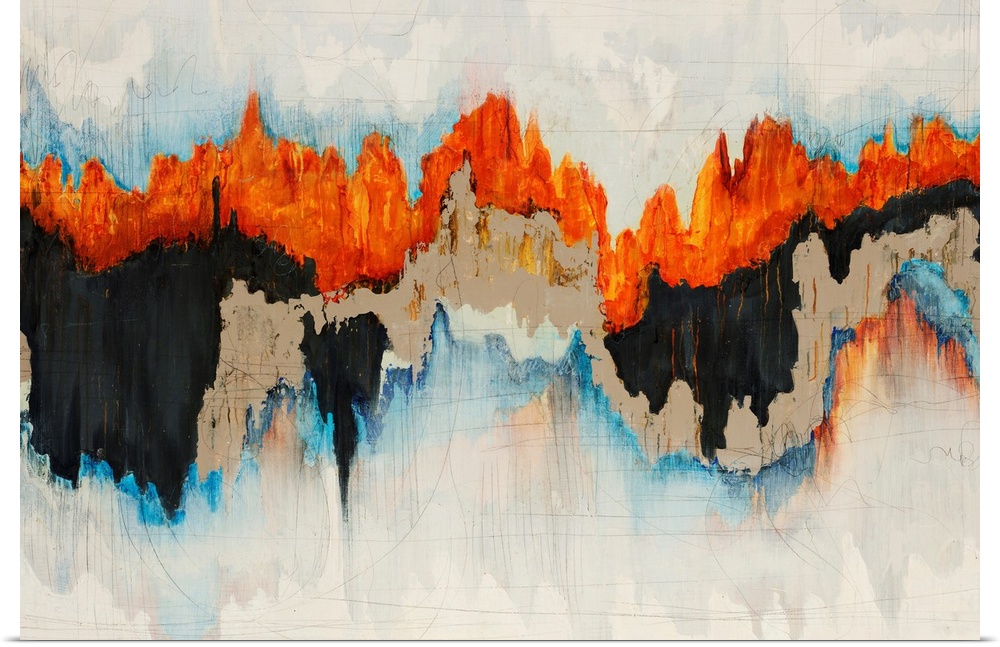 Contemporary abstract painting with jagged bright orange, tan, black and light blue lines over a cream background.
