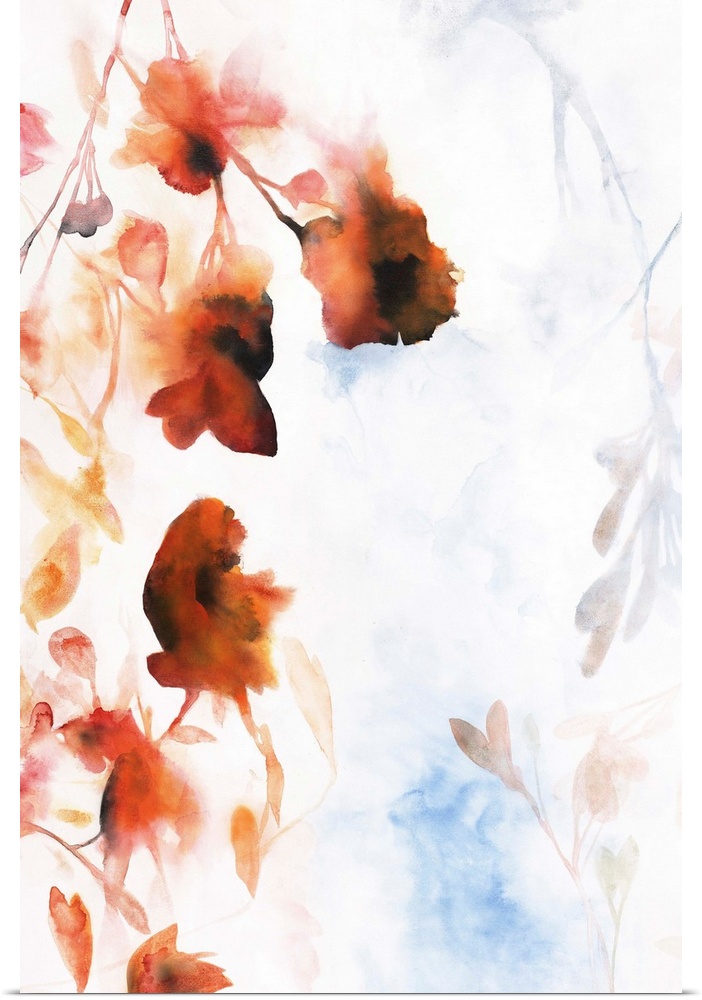Silhouettes of orange toned flowers lining the left side of the canvas on a white background with faint colors underneath ...
