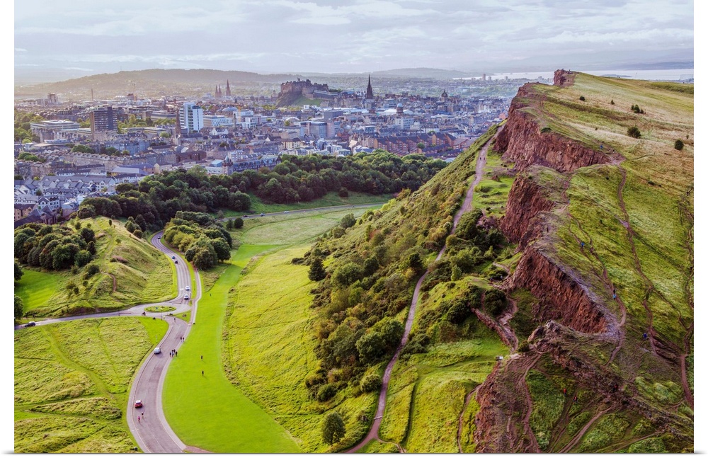View of Edinburgh from Arthur's Seat and Holyrood Park in Scotland.