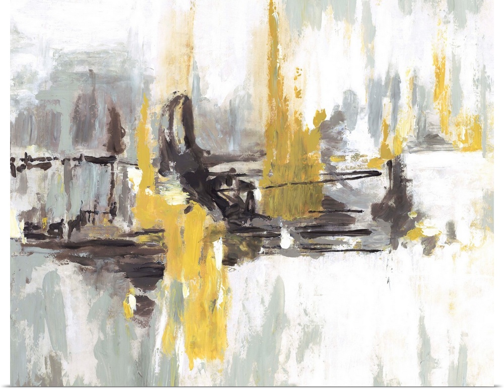 Contemporary abstract artwork in black and white embellished with bright yellow areas.