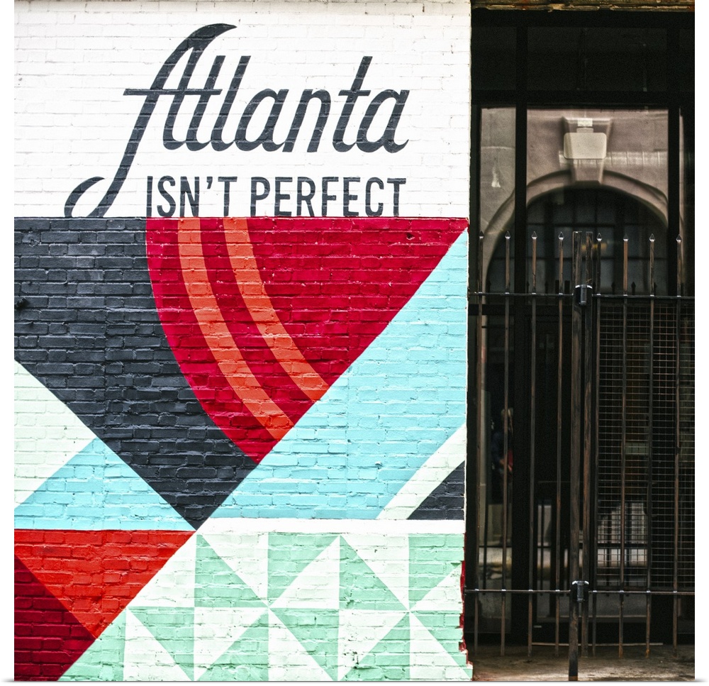 Atlanta Isn't Perfect, geometric mural featuring a quote by Ryan Gravel, on the side of Switchyards, downtown Atlanta, Geo...