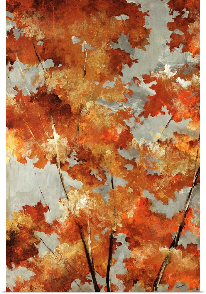 Painting of autumn leaves in varying fall shades from metallic gold to bright orange to burnt sienna.