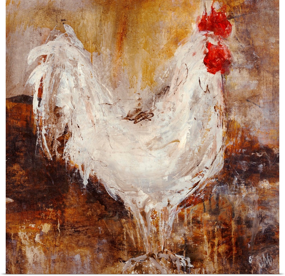 Contemporary painting of chicken up close against a dark background. The image is created using sloppy brush strokes with ...