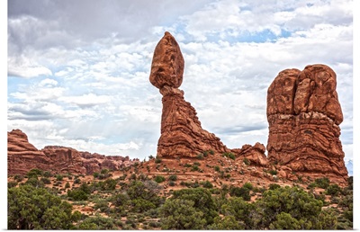 Balanced Rock and a sandstone tower in Arches National Park, Utah