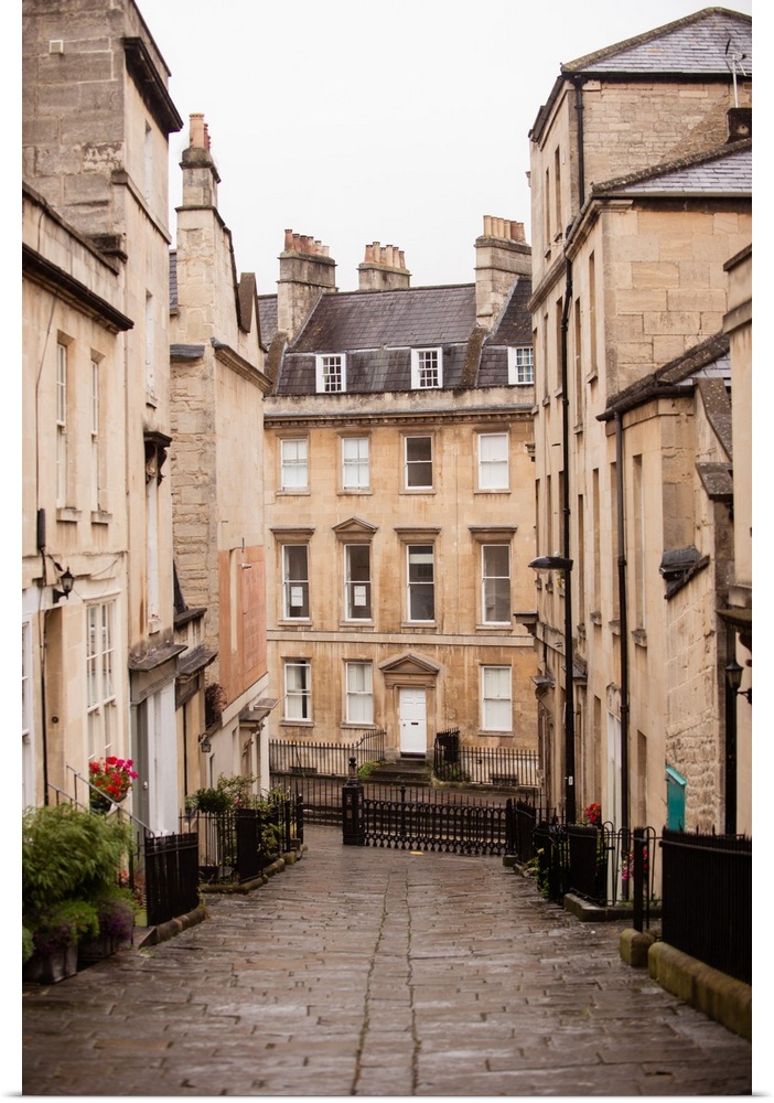 Photograph of neighborhood architecture and a cobblestone road going through the center in Bath, England.