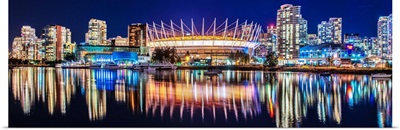 BC Place Stadium and Vancouver Skyline at Night - Panoramic