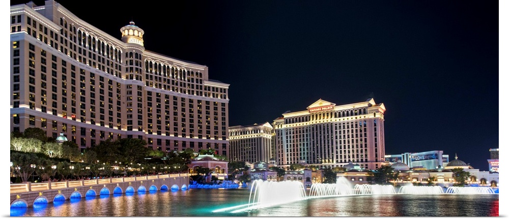 Photograph of the Bellagio Water Show outside of the Bellagio and Caesar's Palace in Las Vegas, NV.