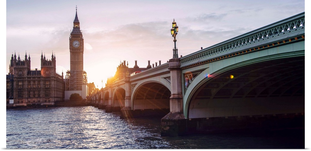 Photograph of Big Ben and the Westminster Bridge at sunset.