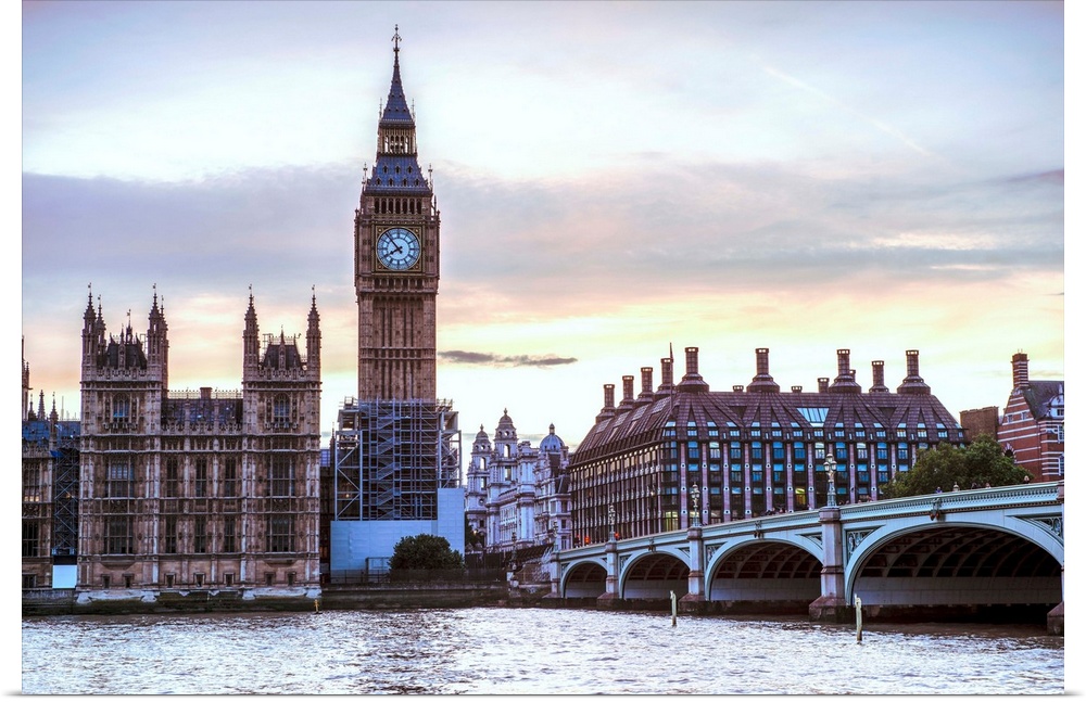 View of Big Ben and Westminster Bridge in London, England.
