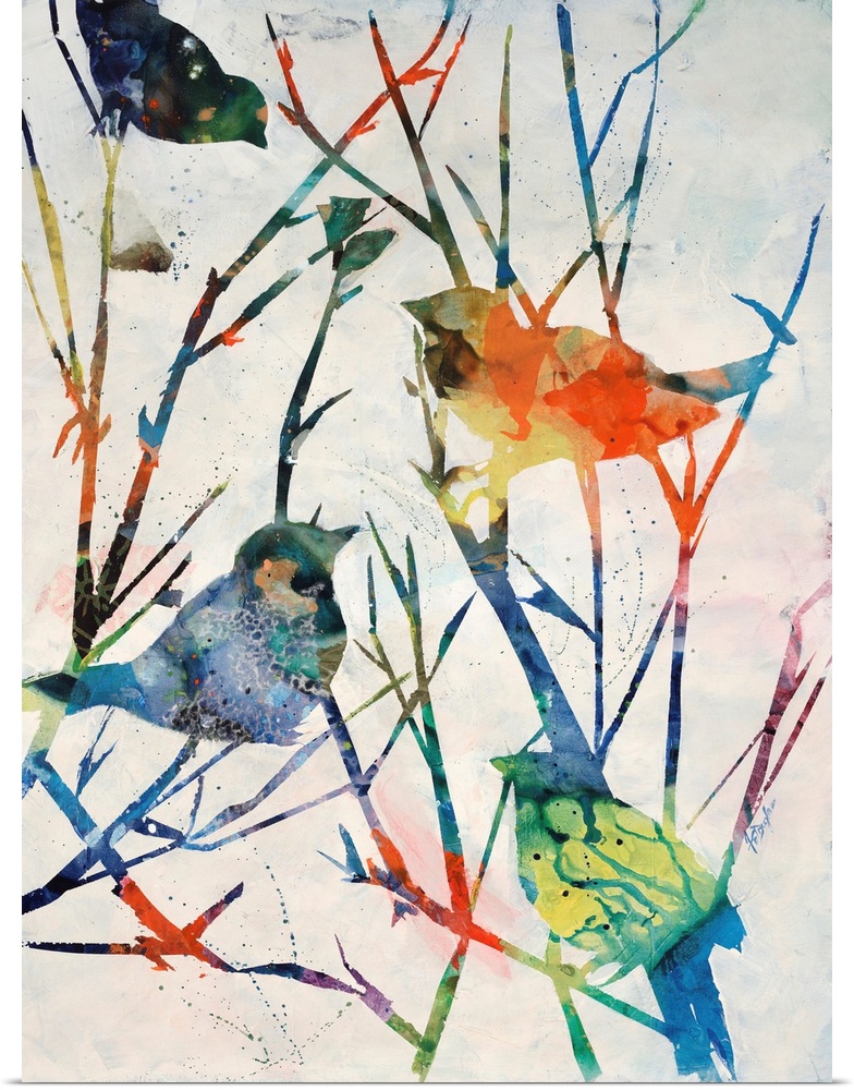 Contemporary art of four multicolored birds perched on bare tree branches that are vibrantly colored also.