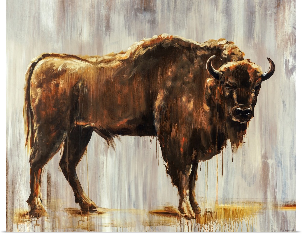 Contemporary portrait of a bison in front of a gray-streaked background.