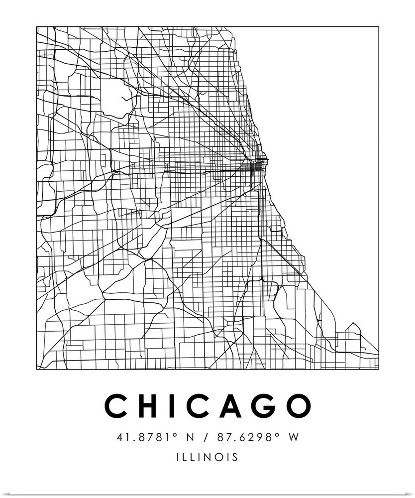 Black and white minimal city map of Chicago, Illinois, USA with longitude and latitude coordinates.