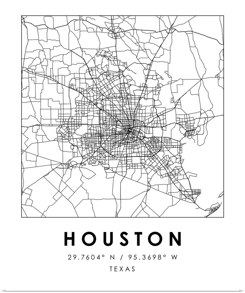 Black and white minimal city map of Houston, Texas, USA with longitude and latitude coordinates.