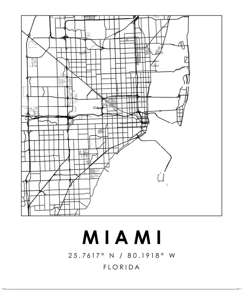 Black and white minimal city map of Miami, Florida USA with longitude and latitude coordinates.