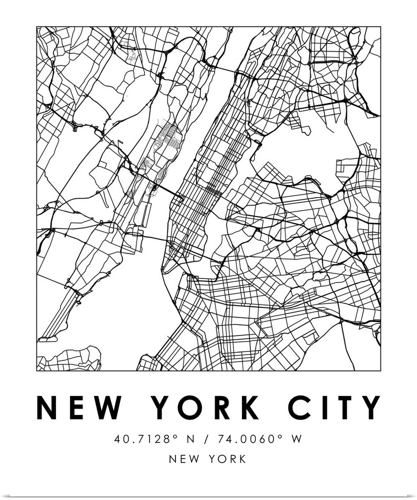 Black and white minimal city map of New York City, New York, USA with longitude and latitude coordinates.