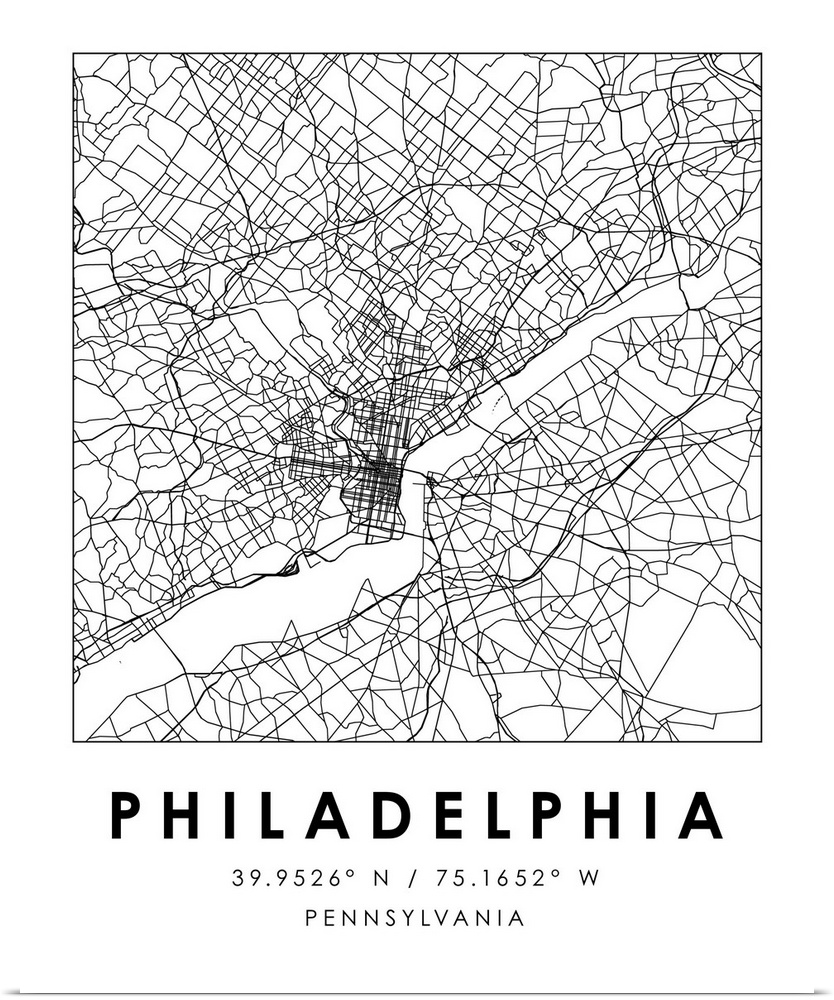 Black and white minimal city map of Philadelphia, Pennsylvania, USA with longitude and latitude coordinates.