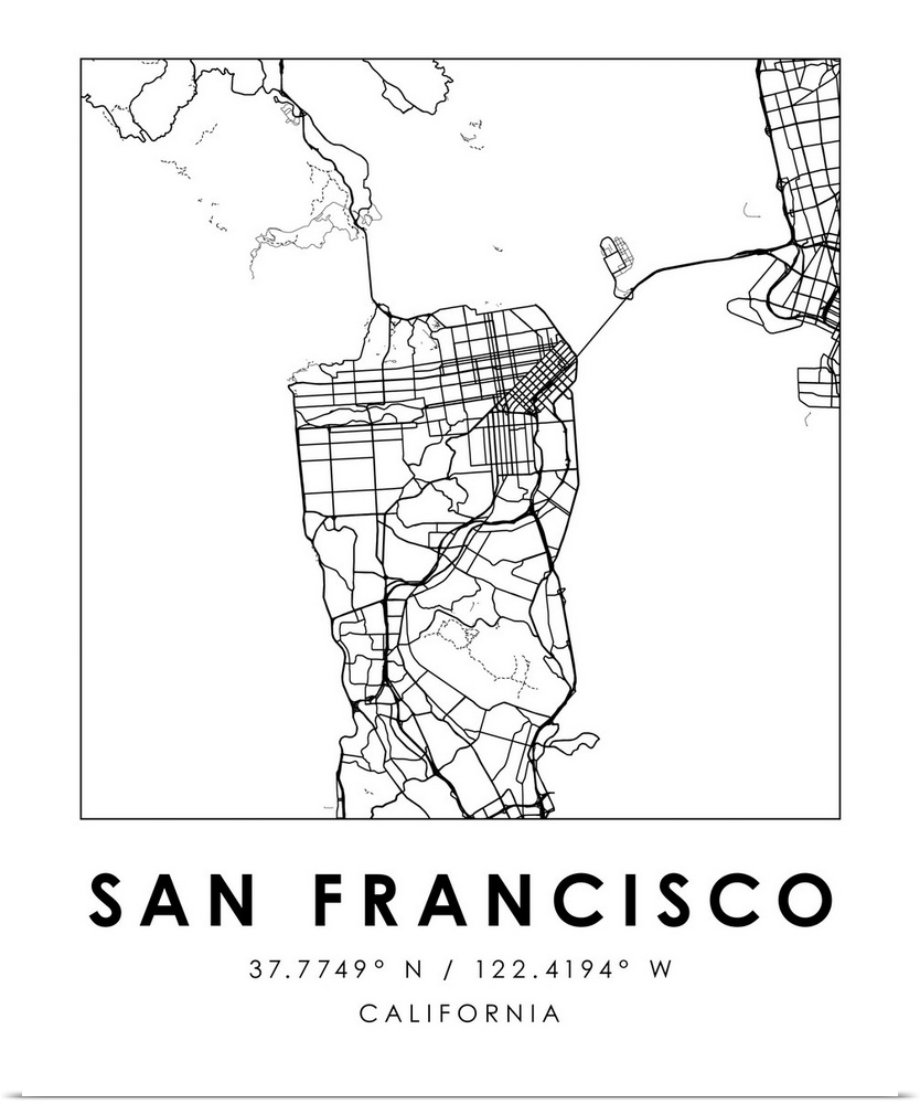 Black and white minimal city map of San Francisco, USA with longitude and latitude coordinates.