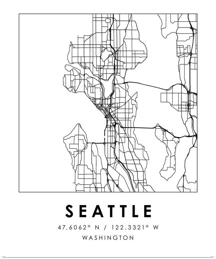 Black and white minimal city map of Seattle, Washington, USA with longitude and latitude coordinates.