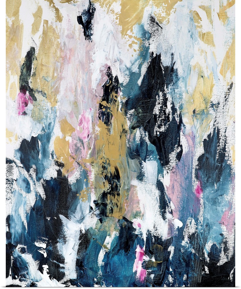 Vertical complementary abstract in short, textured, vertical strokes of blue, pink and gold.