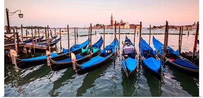 Blue Gondolas in a Row at Sunset, Venice, Italy, Europe